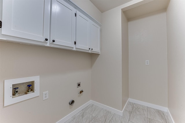 laundry room with baseboards, cabinet space, electric dryer hookup, washer hookup, and marble finish floor