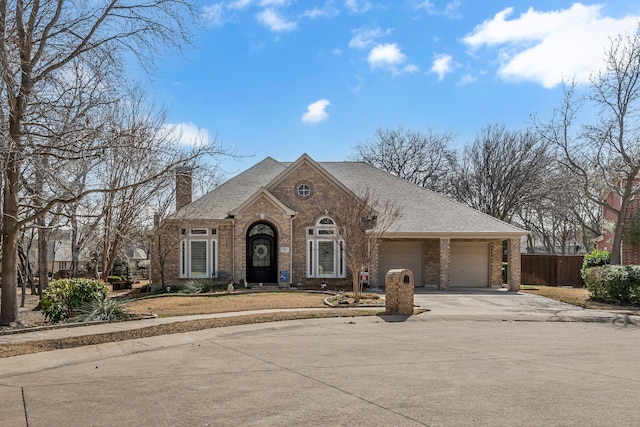 view of front of house with brick siding, a shingled roof, fence, a garage, and driveway