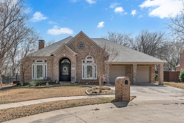 view of front of property featuring a garage, brick siding, driveway, and fence