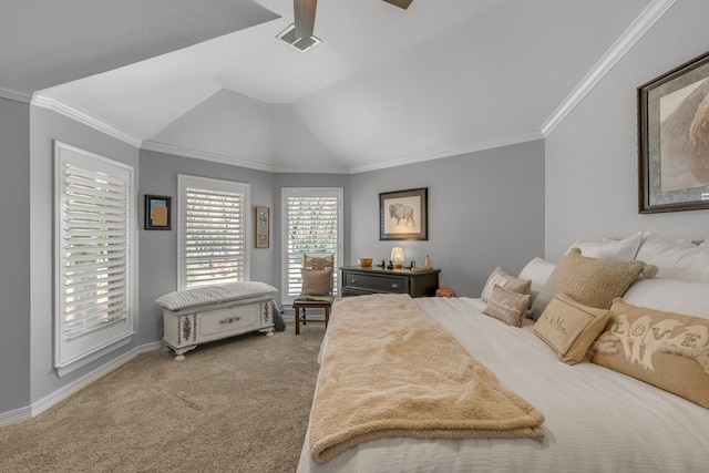 carpeted bedroom with a ceiling fan, visible vents, baseboards, vaulted ceiling, and crown molding