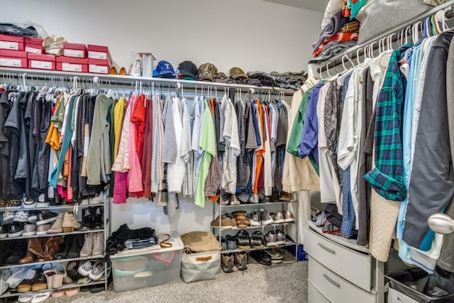 walk in closet featuring carpet flooring