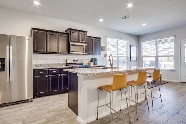 kitchen with visible vents, backsplash, an island with sink, stainless steel appliances, and a sink