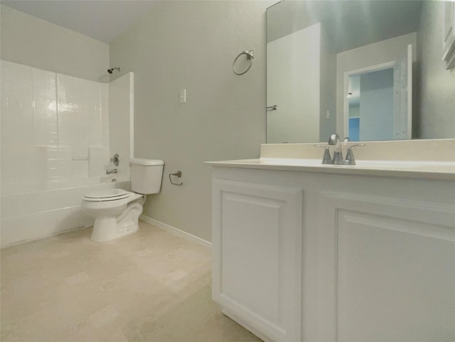 full bath featuring vanity, toilet, washtub / shower combination, and baseboards