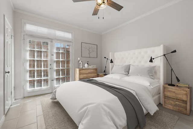 bedroom featuring access to exterior, light tile patterned floors, crown molding, and ceiling fan