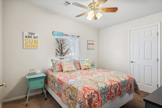 bedroom with ceiling fan, baseboards, visible vents, and carpet floors