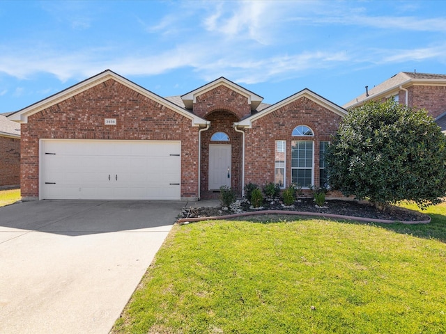 ranch-style house featuring brick siding, an attached garage, and a front lawn