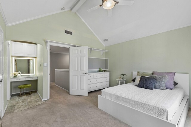 bedroom with visible vents, beam ceiling, ceiling fan, ornamental molding, and light colored carpet