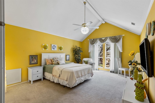 bedroom with a ceiling fan, visible vents, baseboards, lofted ceiling with beams, and carpet flooring