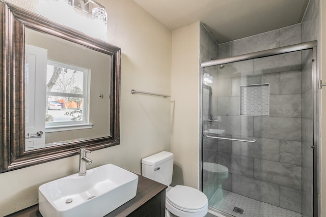 bathroom featuring toilet, a stall shower, and a sink