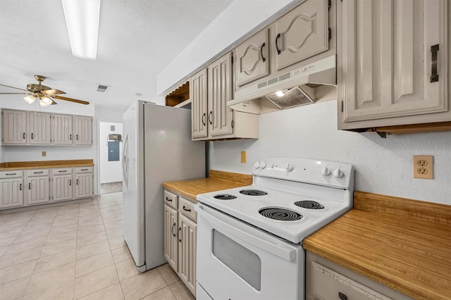 kitchen with visible vents, a ceiling fan, under cabinet range hood, white appliances, and light tile patterned flooring