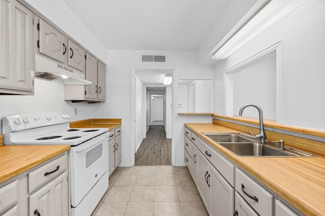 kitchen with visible vents, a sink, light countertops, under cabinet range hood, and white electric range