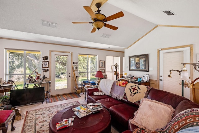 living area with visible vents, wood finished floors, and vaulted ceiling