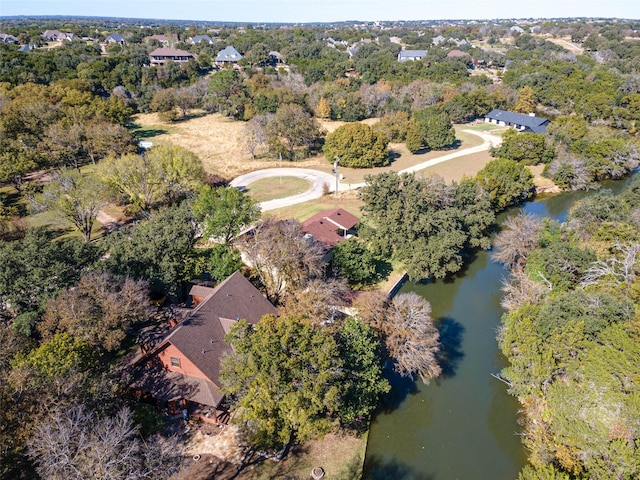 bird's eye view with a water view and a wooded view