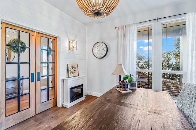 unfurnished dining area with french doors, wood finished floors, a healthy amount of sunlight, and a glass covered fireplace