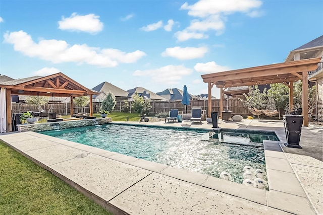 view of pool with a gazebo, a fenced in pool, an in ground hot tub, and a patio