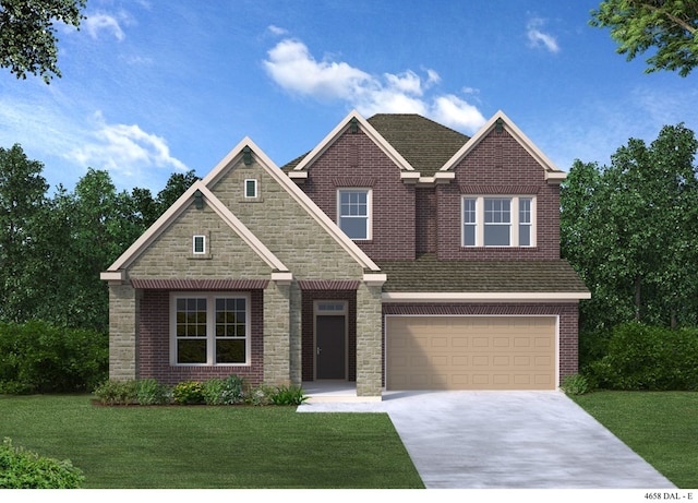 craftsman house featuring brick siding, concrete driveway, and a front lawn