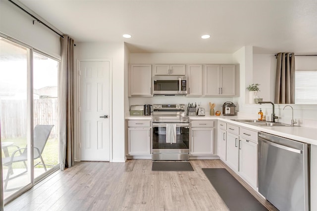 kitchen featuring a sink, plenty of natural light, light wood-style floors, and stainless steel appliances