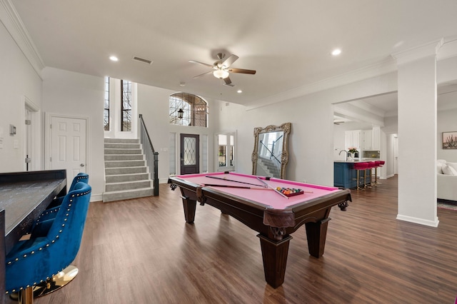 playroom with visible vents, ornamental molding, billiards, wood finished floors, and baseboards