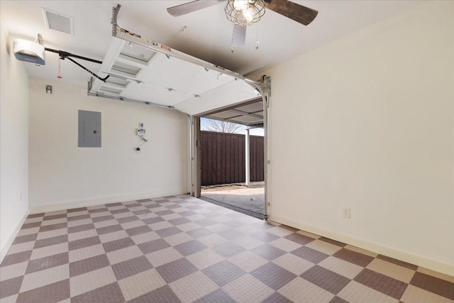 empty room featuring electric panel, visible vents, ceiling fan, and baseboards