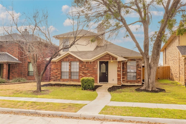 traditional-style home with brick siding, roof with shingles, a front yard, and fence