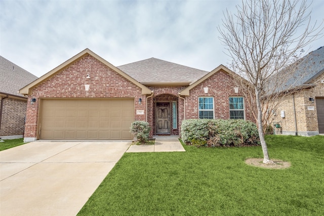 ranch-style house with a front lawn, driveway, roof with shingles, a garage, and brick siding