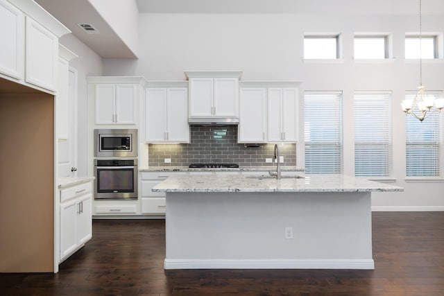 kitchen featuring visible vents, a sink, under cabinet range hood, stainless steel appliances, and decorative backsplash