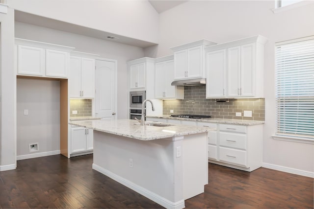 kitchen with under cabinet range hood, an island with sink, white cabinets, stainless steel appliances, and a sink