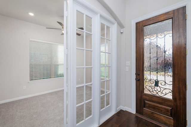 foyer entrance featuring recessed lighting, baseboards, dark carpet, and ceiling fan