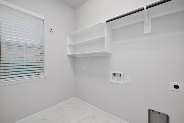 laundry room with washer hookup, laundry area, hookup for a gas dryer, marble finish floor, and hookup for an electric dryer