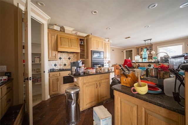 kitchen with dark wood-type flooring, premium range hood, ornamental molding, decorative backsplash, and black appliances