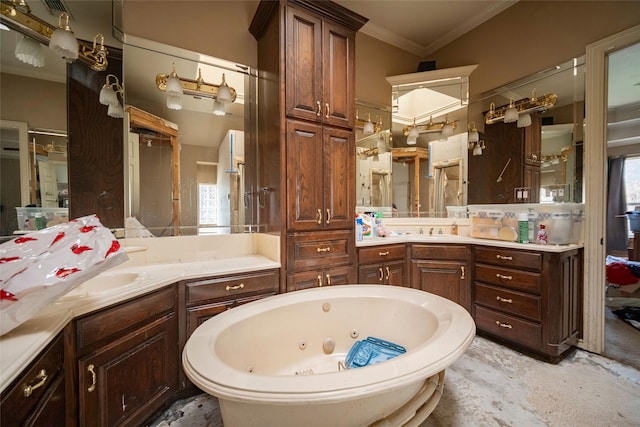 bathroom featuring vanity, ornamental molding, and a whirlpool tub