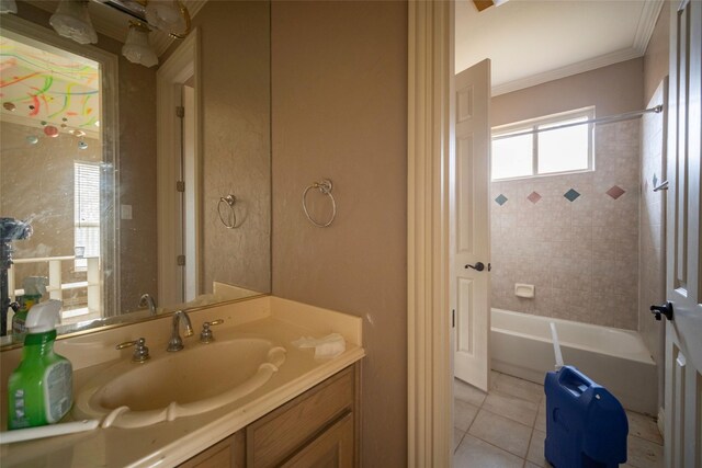 full bathroom with crown molding, shower / tub combination, vanity, and tile patterned flooring