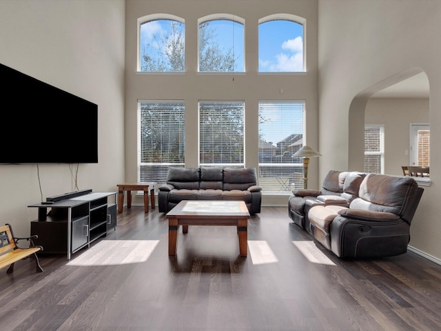 living area with baseboards, arched walkways, wood finished floors, and a towering ceiling