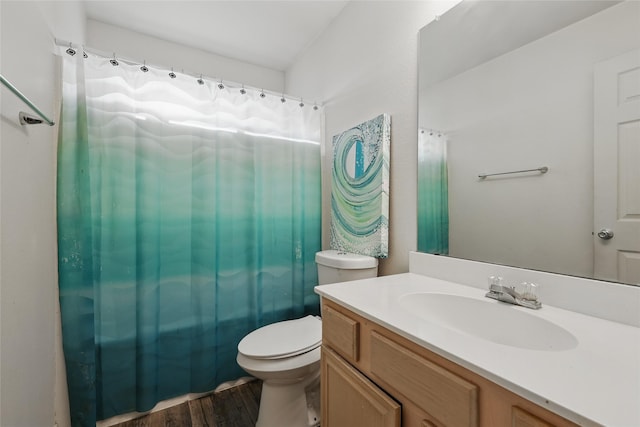 bathroom featuring a shower with shower curtain, toilet, wood finished floors, and vanity