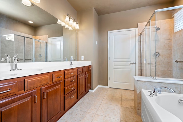 bathroom with double vanity, a stall shower, a sink, tile patterned flooring, and a bath