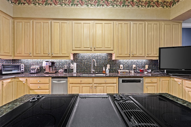 kitchen featuring a sink, decorative backsplash, dishwasher, and a toaster