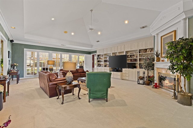 living area featuring visible vents, crown molding, a fireplace with flush hearth, light carpet, and recessed lighting