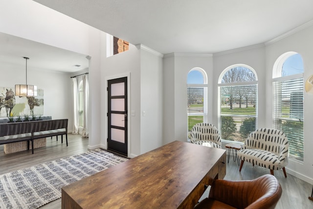 dining area featuring wood finished floors, baseboards, and ornamental molding