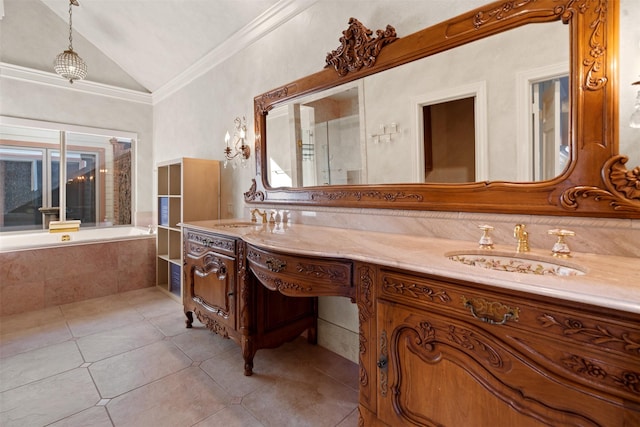 bathroom with a sink, lofted ceiling, ornamental molding, and double vanity