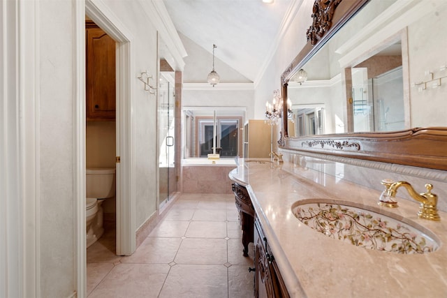 full bath with a stall shower, vaulted ceiling, crown molding, toilet, and tile patterned floors