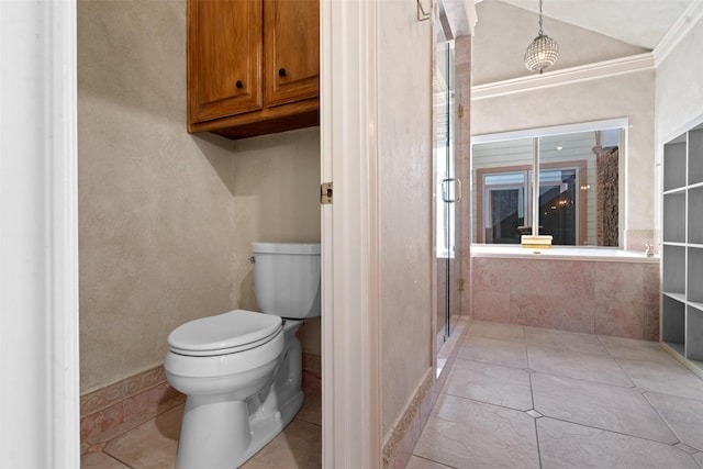 bathroom featuring tile patterned floors, a shower stall, toilet, and lofted ceiling