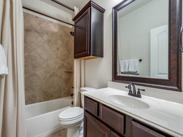 full bathroom with vanity, shower / bath combination with curtain, and toilet