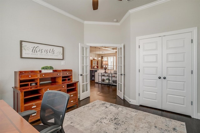 home office with french doors, baseboards, dark wood-type flooring, and ornamental molding