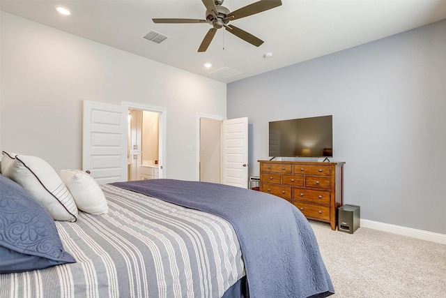 carpeted bedroom featuring visible vents, recessed lighting, baseboards, and ceiling fan