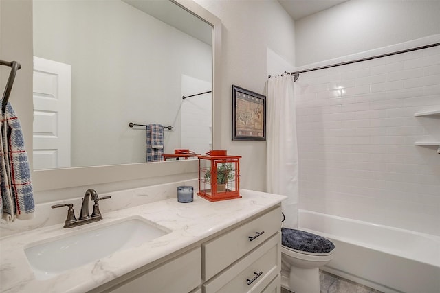 bathroom featuring vanity, shower / tub combo, and toilet