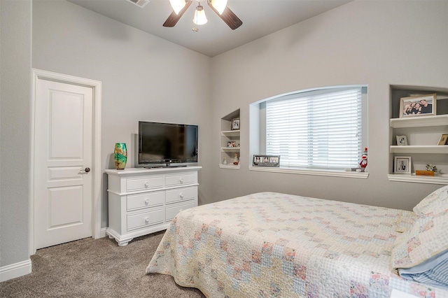 bedroom with a ceiling fan, light colored carpet, visible vents, and baseboards