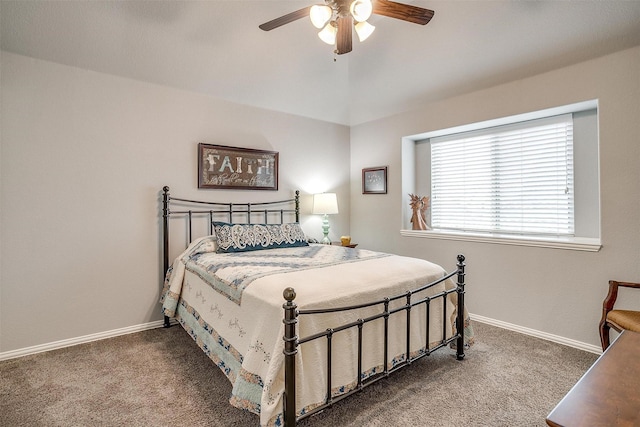 bedroom featuring carpet flooring, ceiling fan, baseboards, and vaulted ceiling