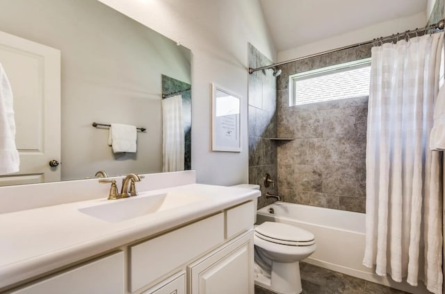 full bathroom featuring vanity, toilet, shower / tub combo with curtain, and lofted ceiling