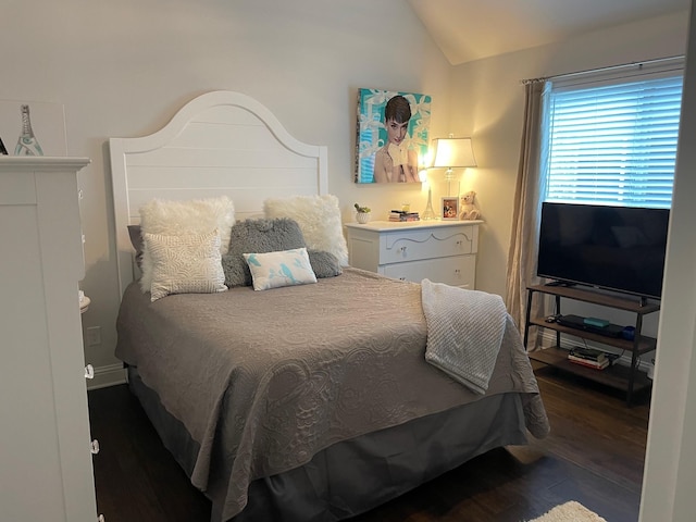 bedroom featuring wood finished floors and vaulted ceiling