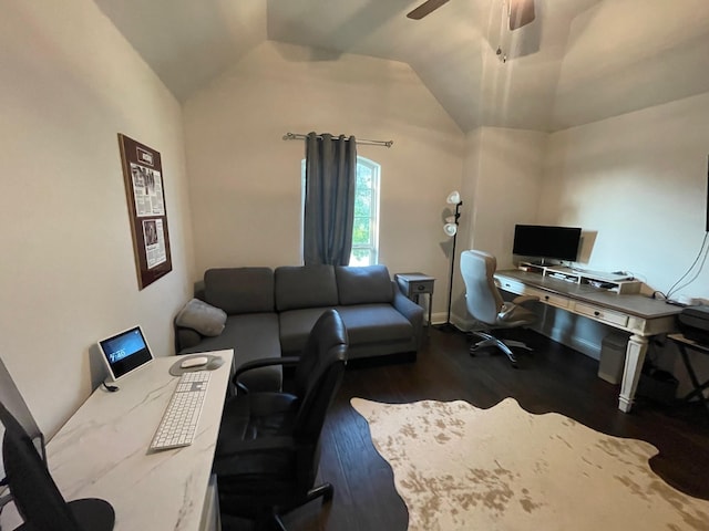 office area with dark wood-style floors, a ceiling fan, and lofted ceiling